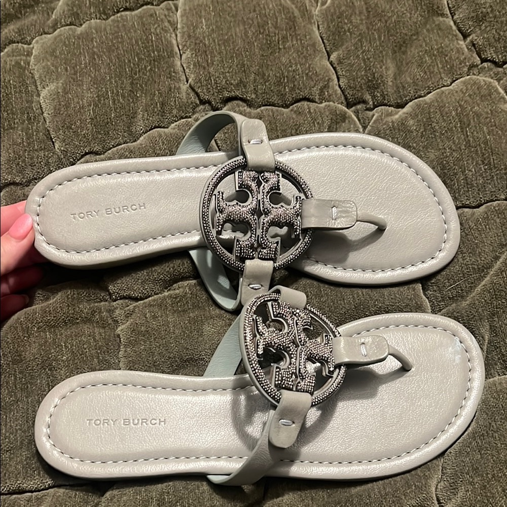 Tory Burch Gray Sandals with Medallion Ornament